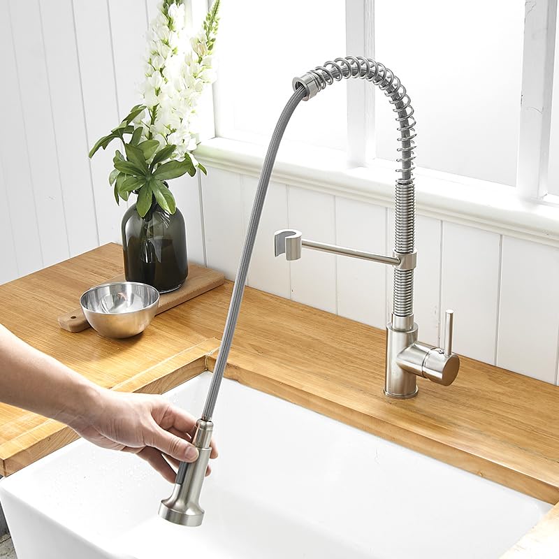 InArt kitchen tap with pull out spray showing dual flow modes on pull-down sprayer head, brushed chrome finish
