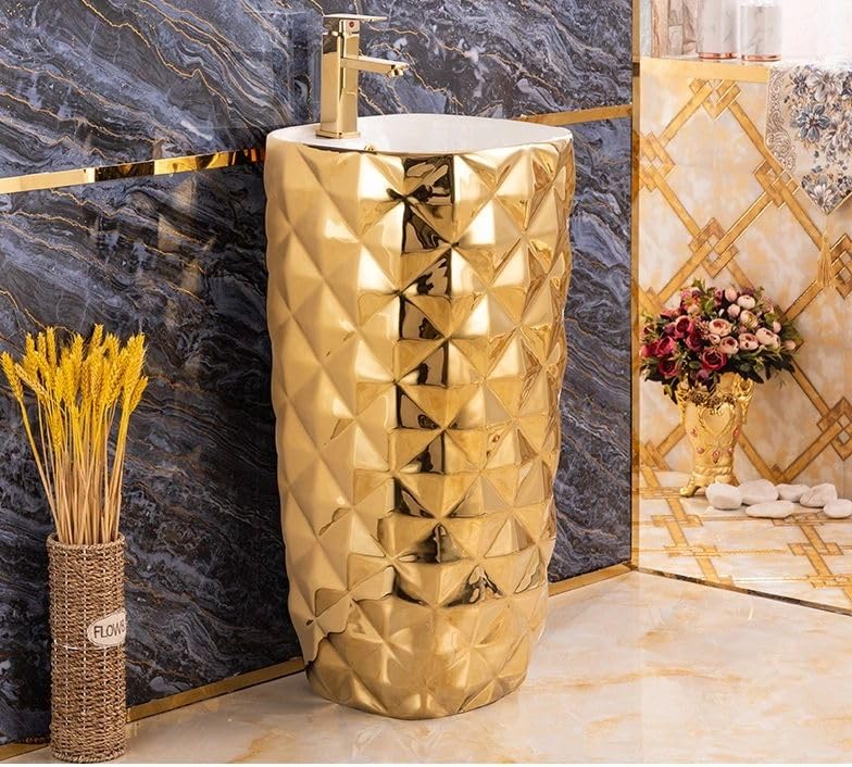 InArt wash basin waste coupling ready ceramic square gold pedestal wash basin, front view