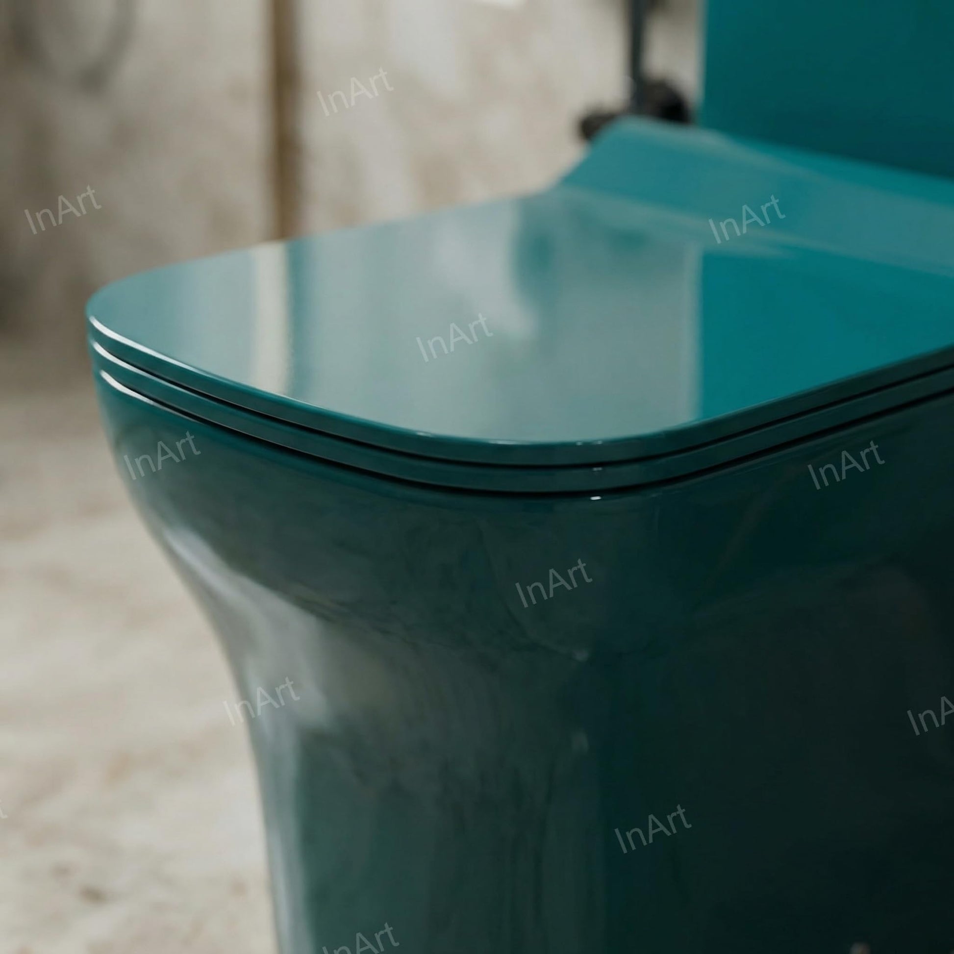 Soft close toilet seat detail on InArt green ceramic single piece commode for Indian bathrooms, top view