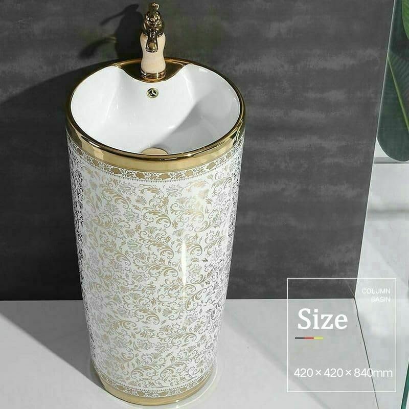 Designer pedestal wash basin in glossy white and gold, round ceramic basin with pedestal, 3/4 angle view