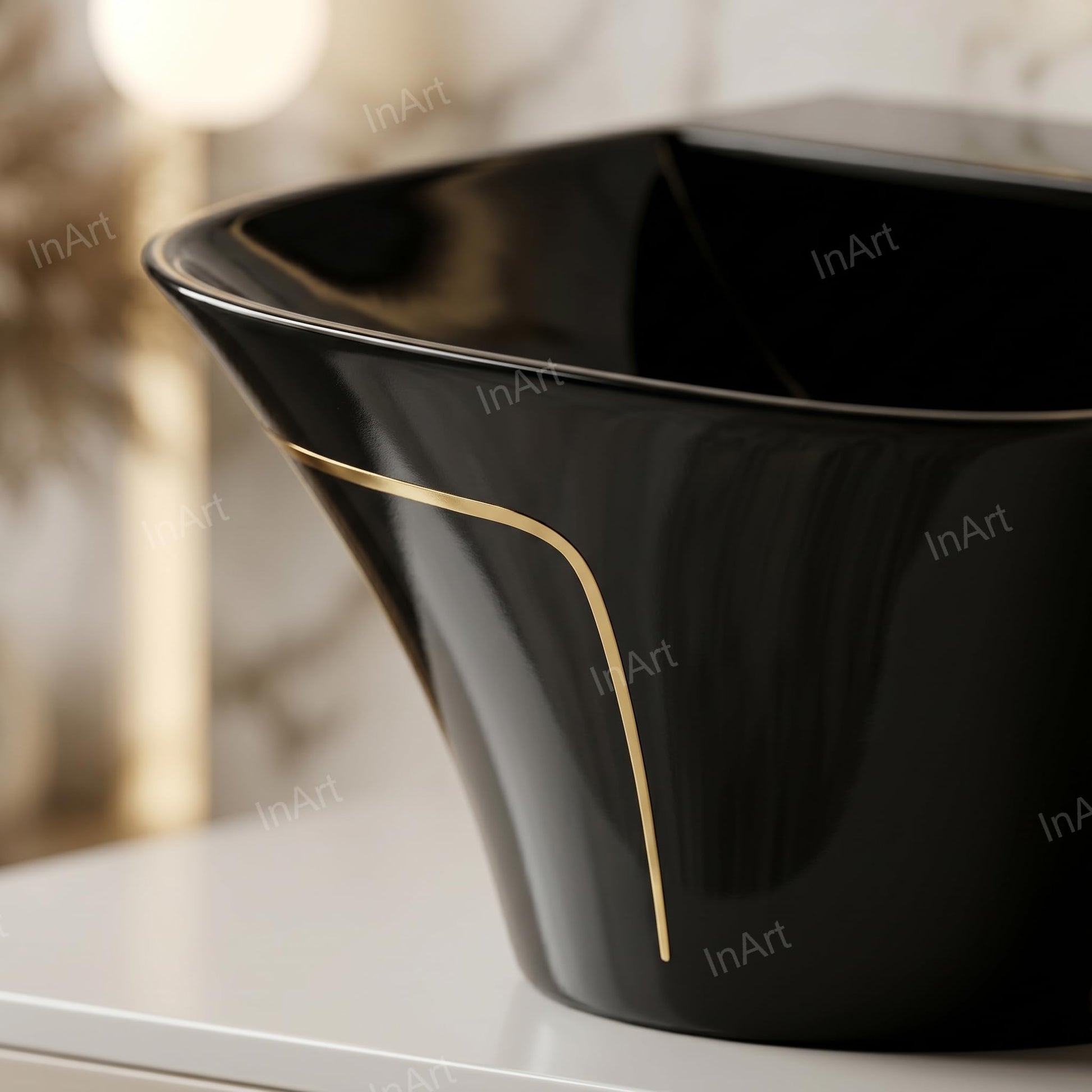 Wall mounted bathroom sink in glossy black ceramic, rectangular bowl depth and drain hole detail view