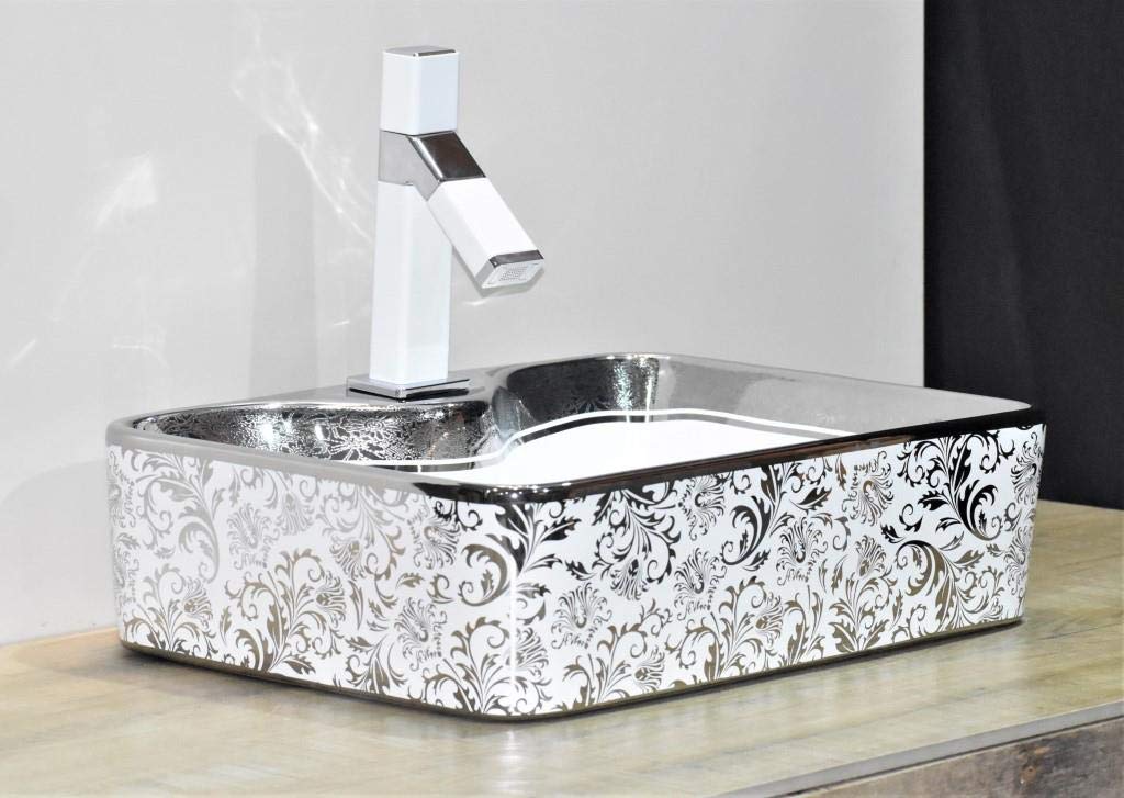 InArt ceramic table top wash basin, rectangular silver white finish, main front view
