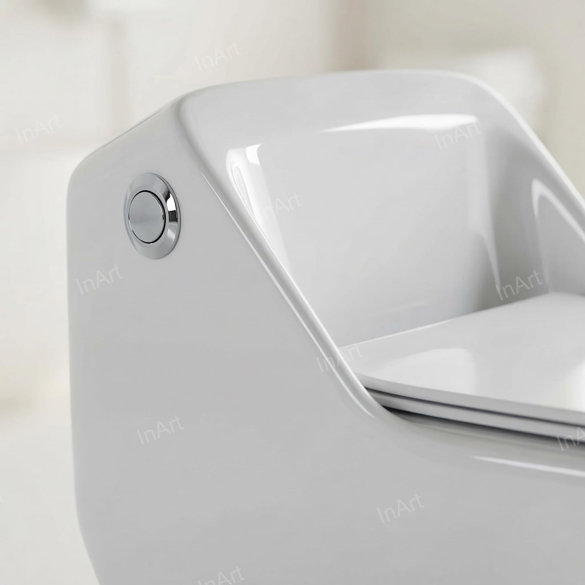 InArt ceramic one piece commode in glossy white, close-up of soft close seat and smooth rimless edge