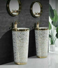 Modern round pedestal wash basin for bathroom, ceramic one piece pedestal wash basin, side angle view