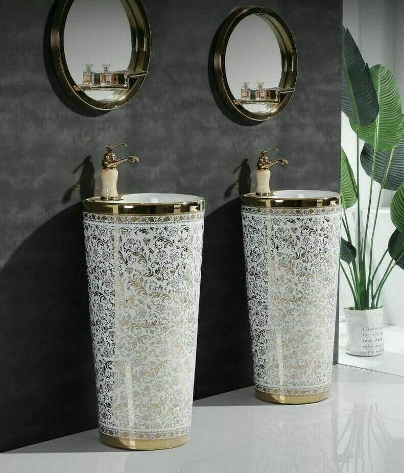 Modern round pedestal wash basin for bathroom, ceramic one piece pedestal wash basin, side angle view