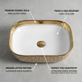 Designer gold ceramic table top basin design, rectangular wash basin angled view