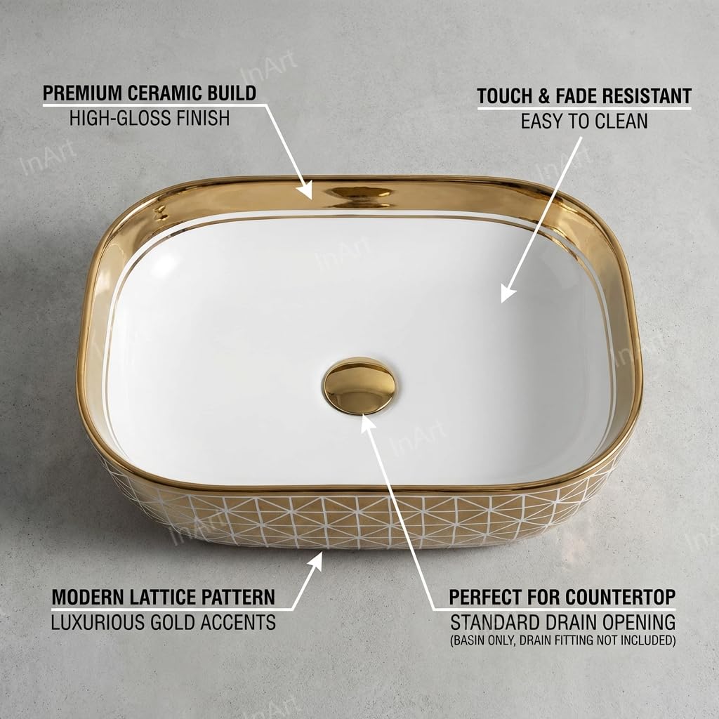 Designer gold ceramic table top basin design, rectangular wash basin angled view