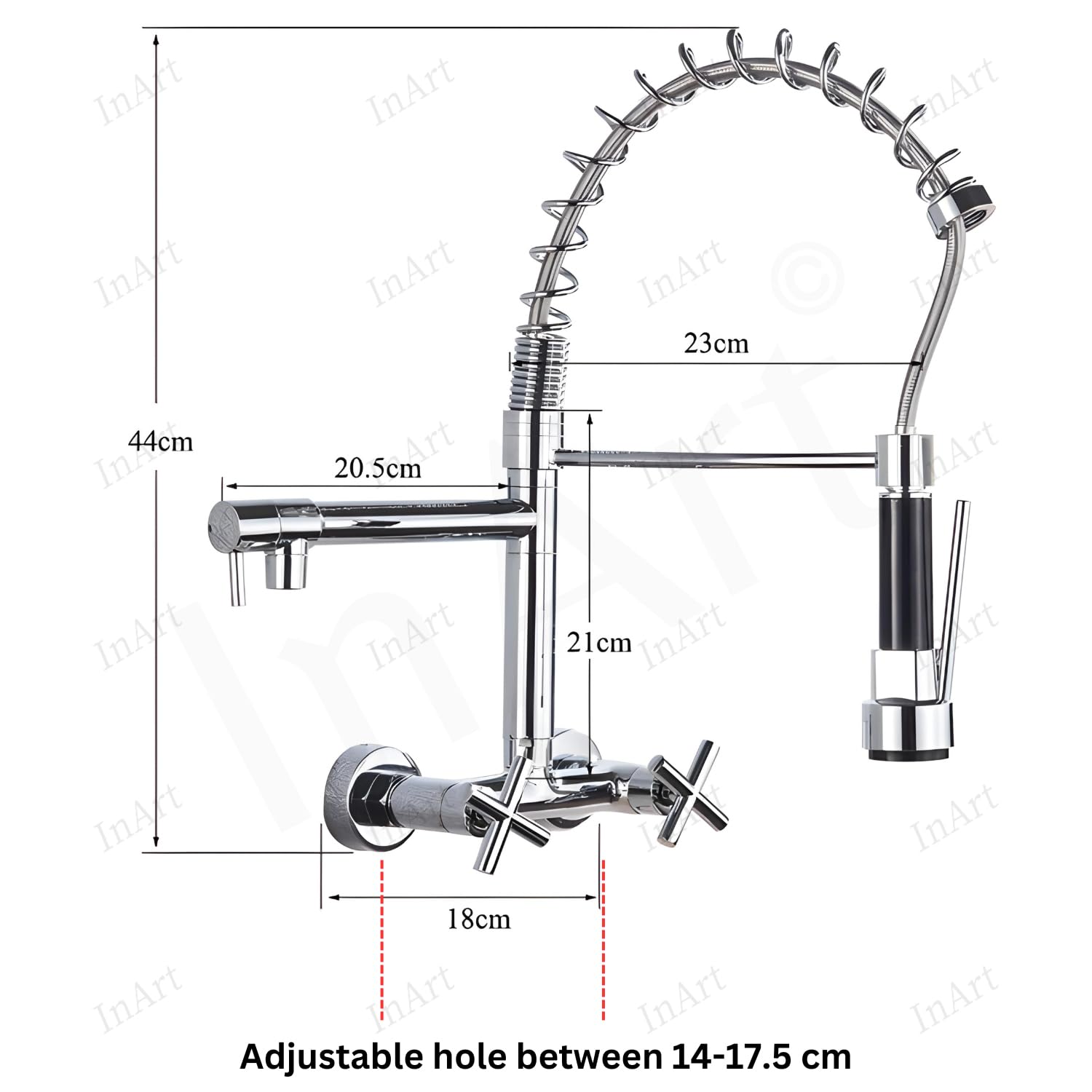 Kitchen sink tap wall mount in gold finish, angled view with pull-down spray head and flexible hose
