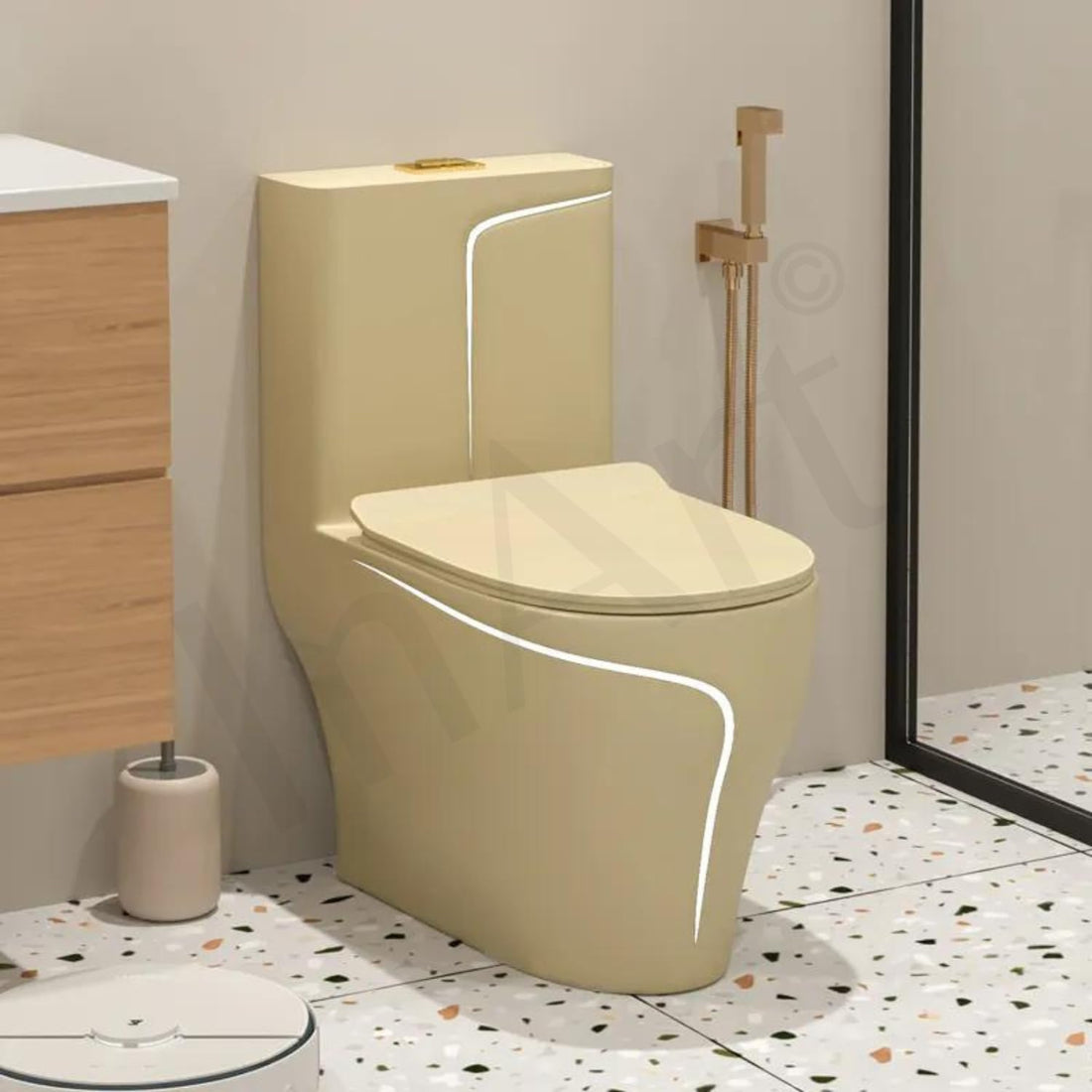 InArt floor mounted european water closet in glossy khakhi ceramic with dual flush cistern, front view