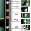 Wall mount shower panel system in matte black gold, 5 in 1 shower tower, angled view with rainfall head
