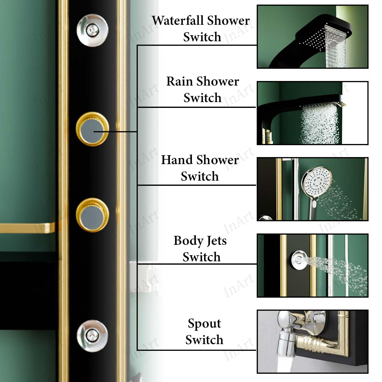 Wall mount shower panel system in matte black gold, 5 in 1 shower tower, angled view with rainfall head