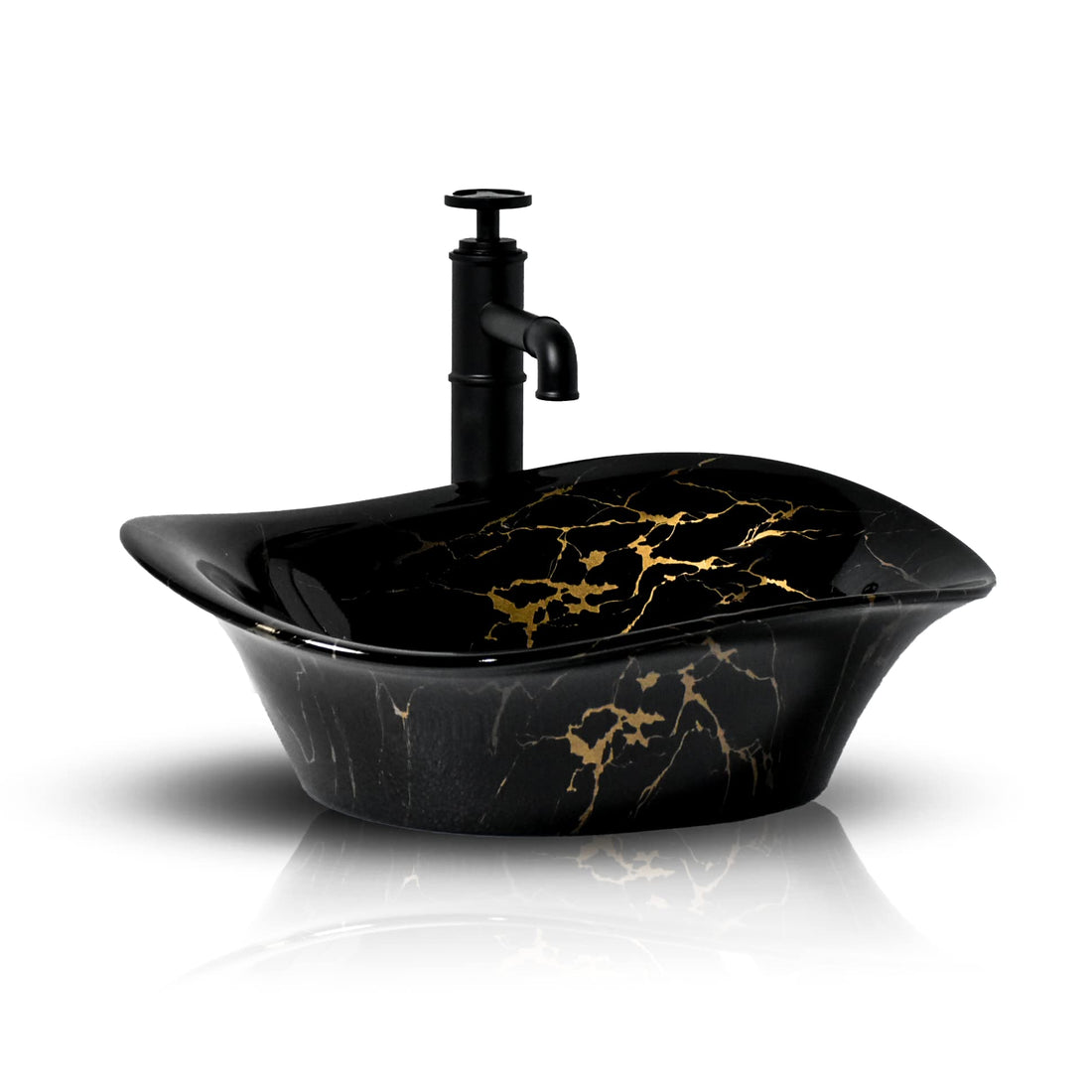 InArt washbasindesign ceramic rectangular table top wash basin in black gold finish, main front view