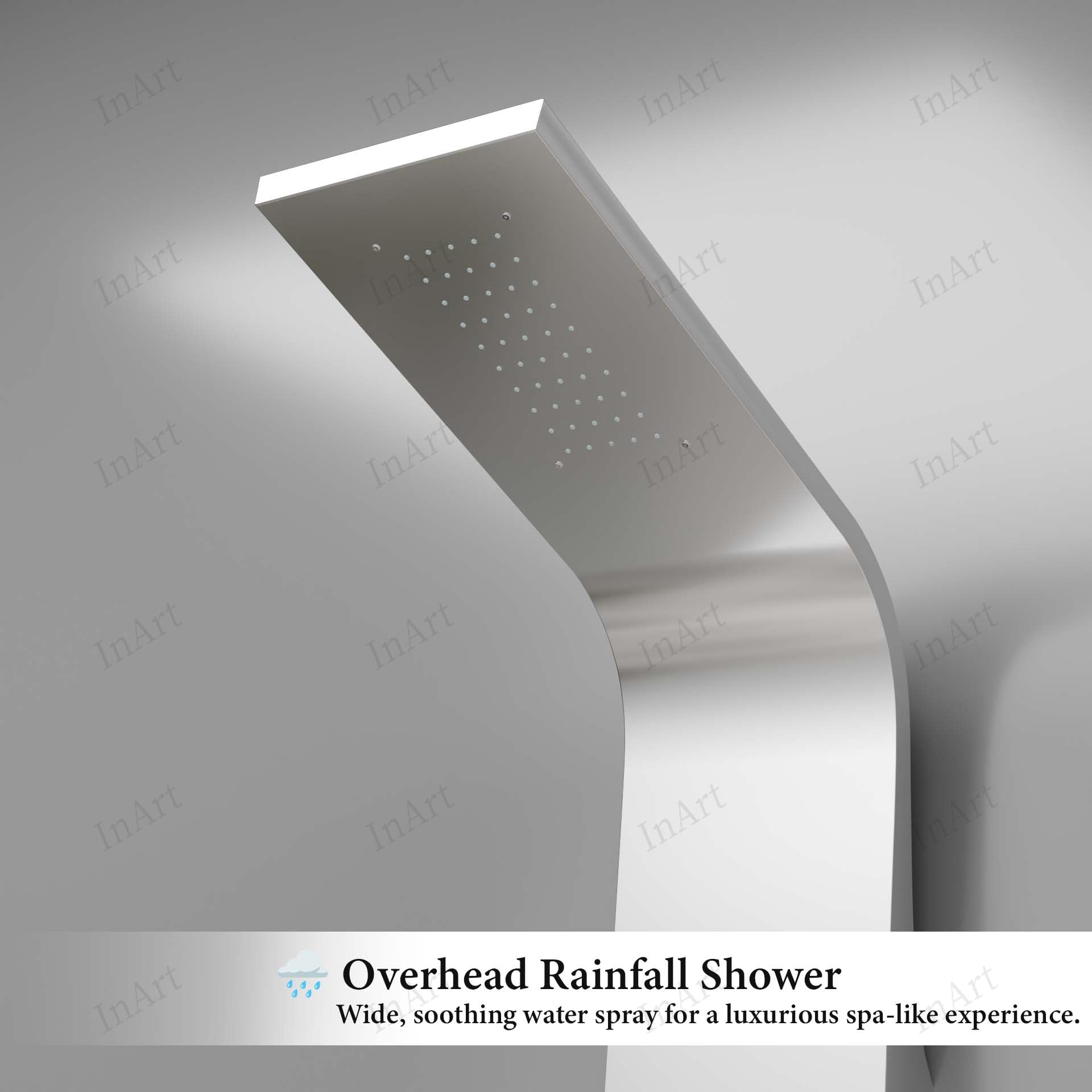 Detail of 3 body jets on chrome shower panel set, stainless steel rectangular tower for bathroom