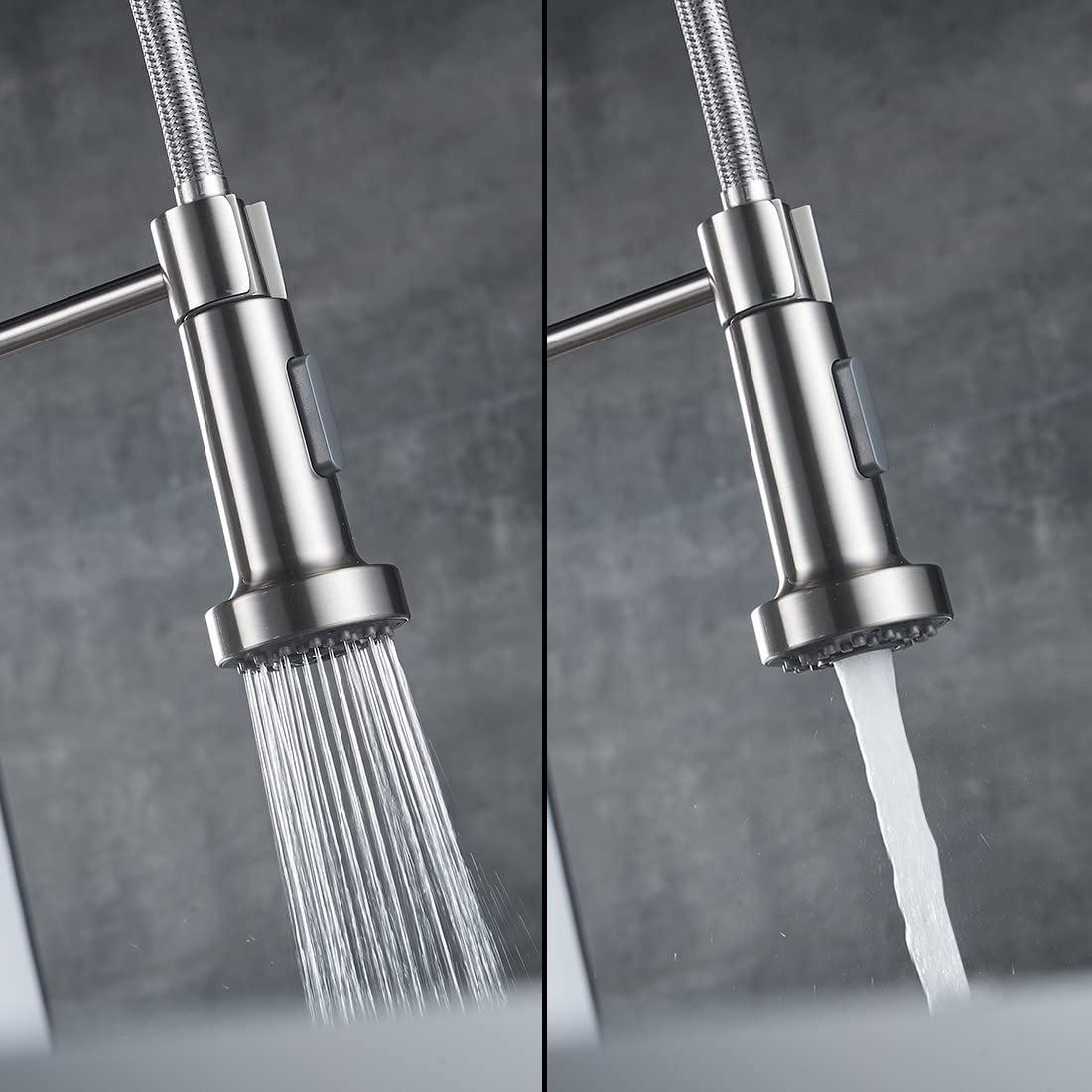InArt kitchen taps and mixers pull-down spray head showing multi-function modes in brushed chrome finish