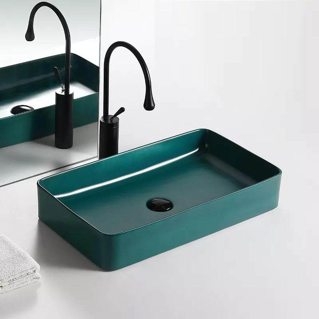 InArt cera table top wash basin, ceramic rectangular matte green counter basin, front view