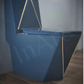 InArt glossy blue single piece western commode installed in modern bathroom, floor mounted EWC with tank