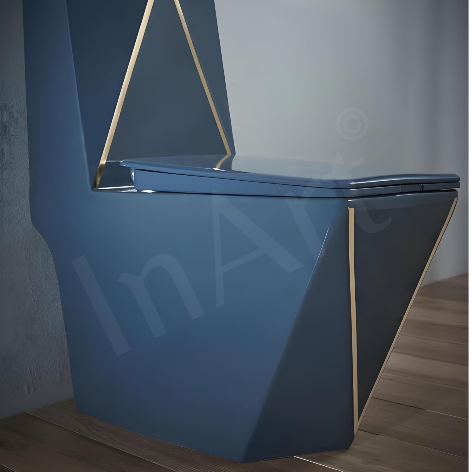 InArt glossy blue single piece western commode installed in modern bathroom, floor mounted EWC with tank