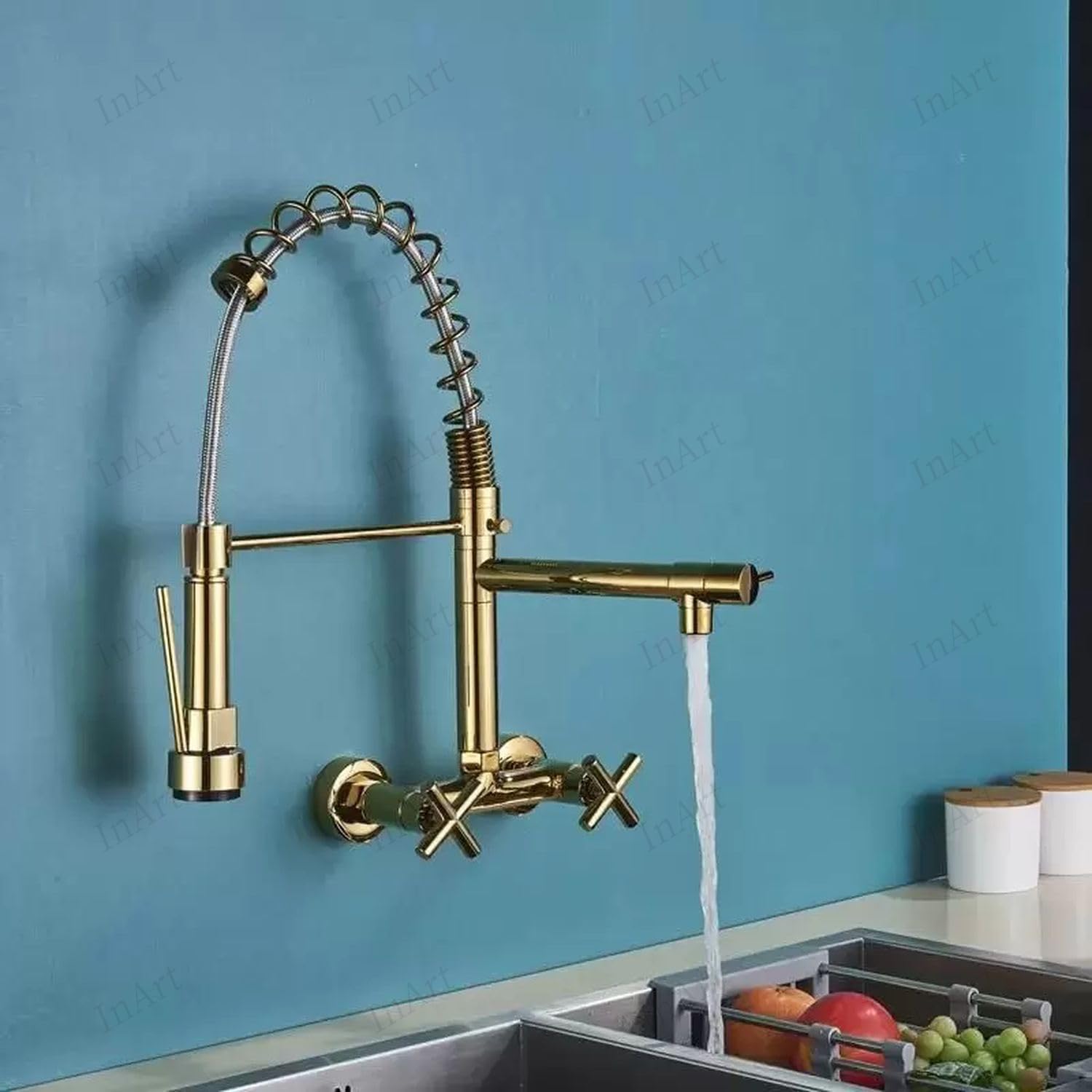 Kitchen sink with wall mount faucet in gold finish, pull out kitchen taps for easy rinsing and cleaning