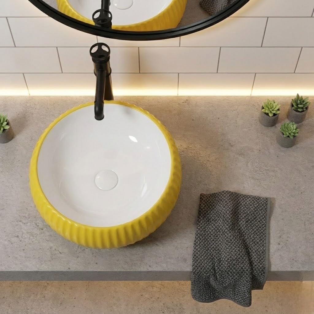 Ceramic table top wash basin design in yellow, square counter top basin shown at 3/4 angle