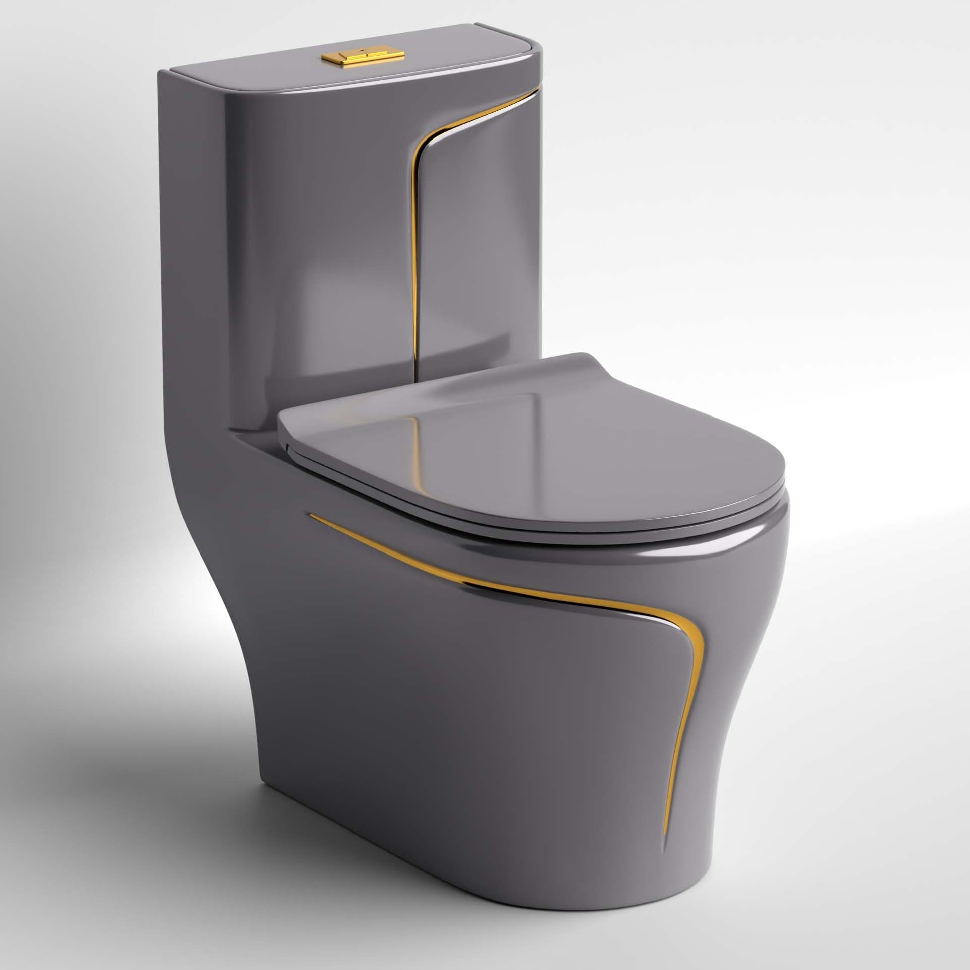 InArt ceramic floor mounted western toilet in grey, oval one piece commode with soft close seat, front view