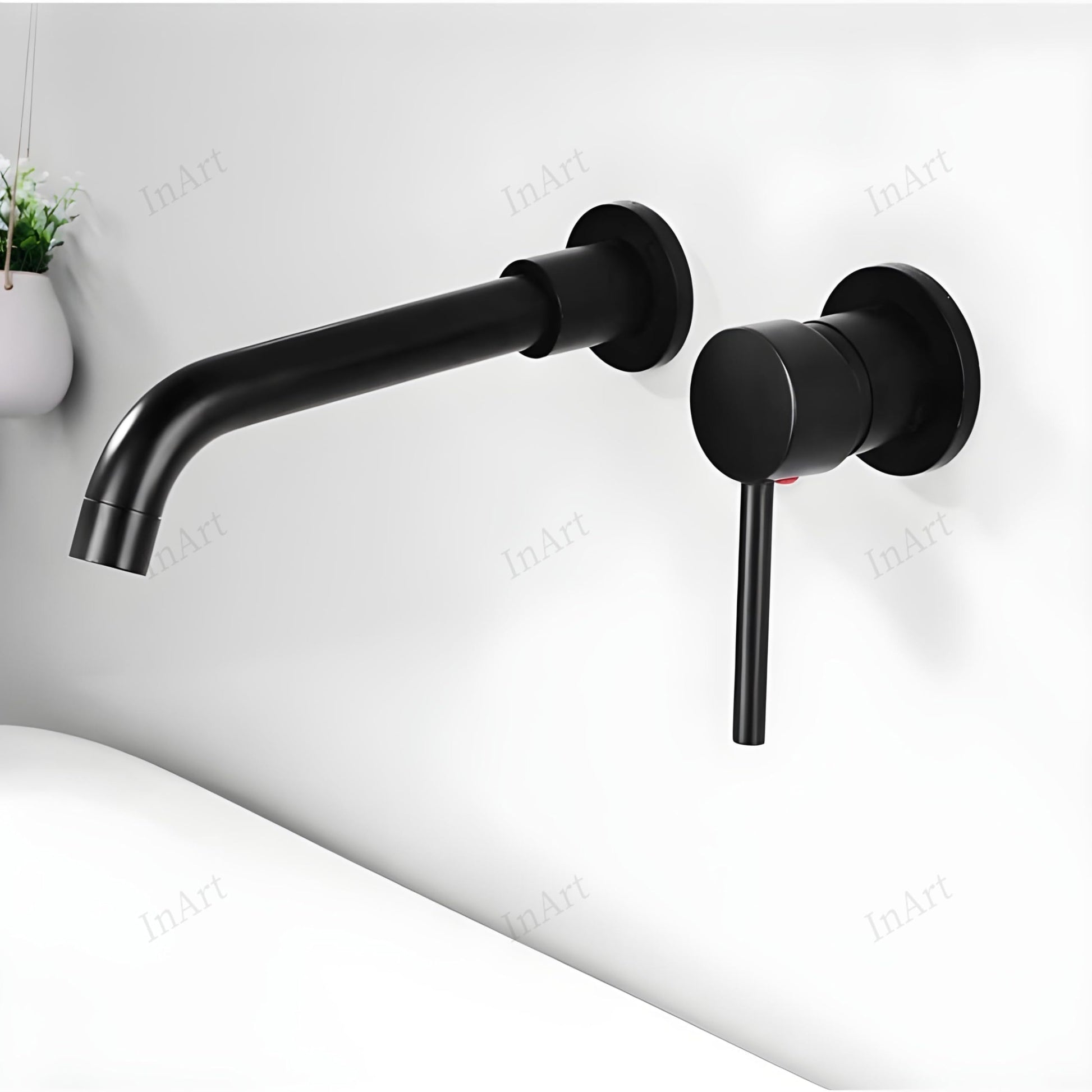 Matte black wall mounted basin mixer tap, angled view showing waterfall spout and single lever control