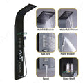 Detail of body massage spray jets on black shower tower, matte finish stainless steel wall mounted panel