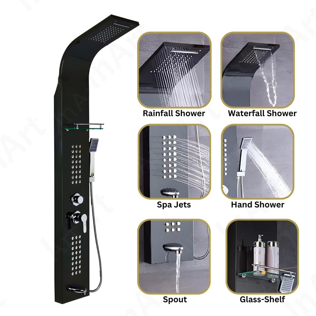 Detail of body massage spray jets on black shower tower, matte finish stainless steel wall mounted panel