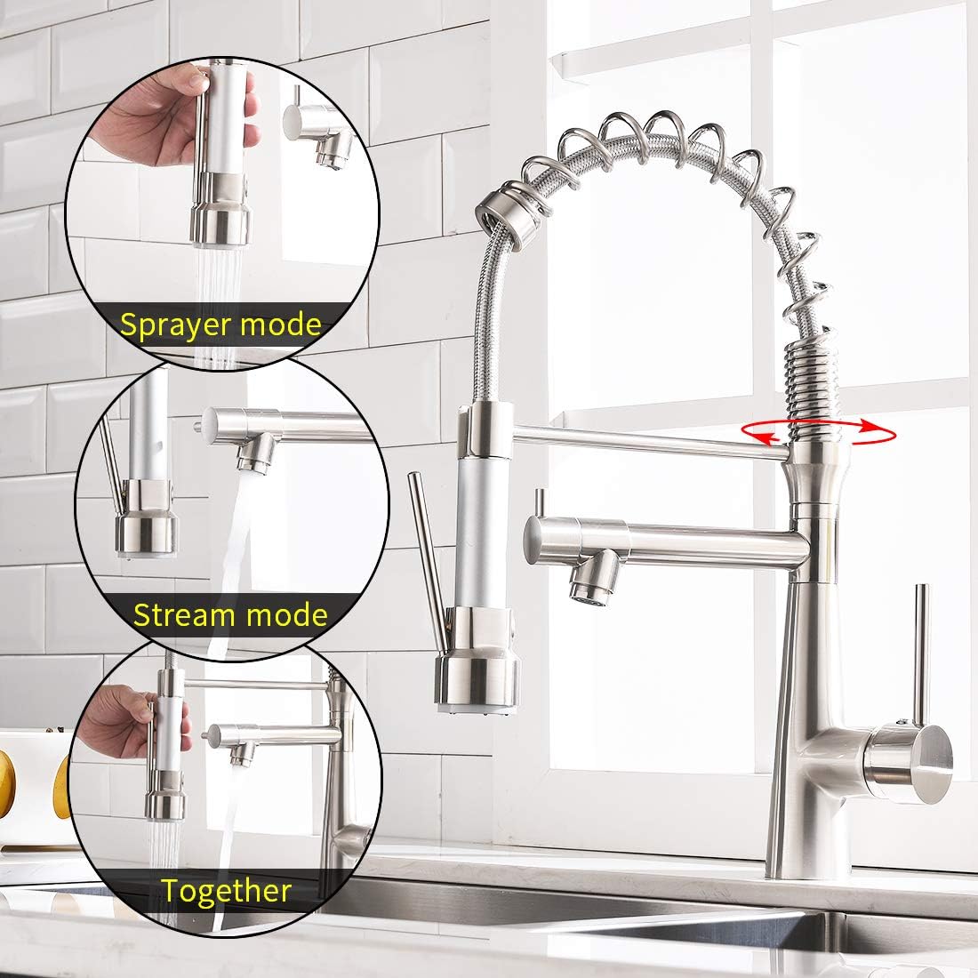 InArt Kitchen Sink Mixer - 360° Pull-Down Sprayer Faucet, Brushed Chrome Dual Flow With Spout KSF027 - InArt-Studio