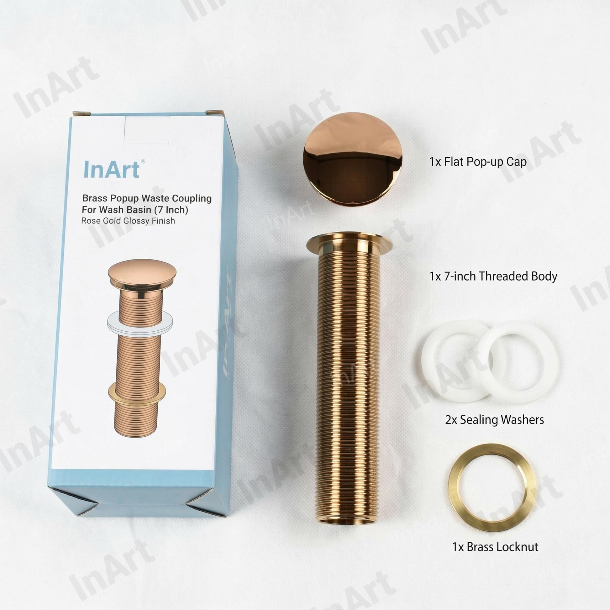 Wash basin pop up plug 7 inch brass waste coupling, rose gold glossy finish for premium bathroom fittings