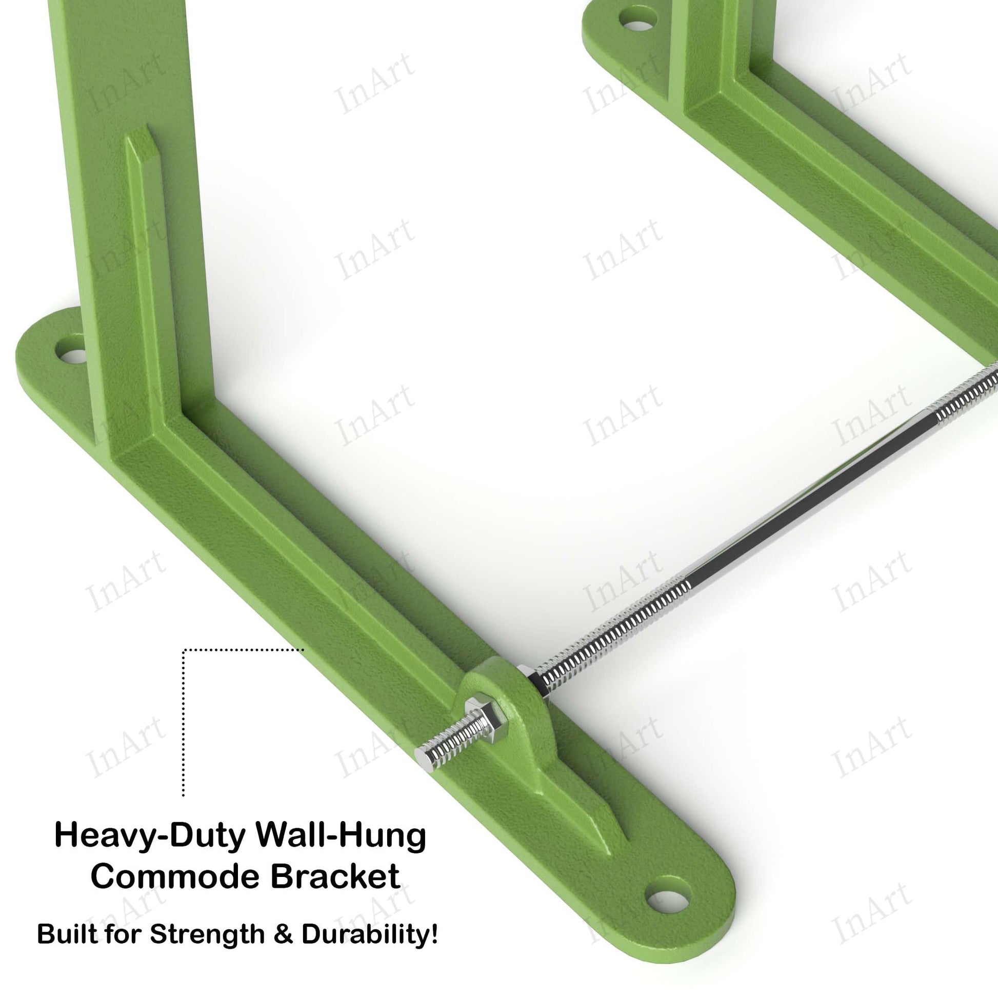 Toilet wall hung bracket set, angled view of universal metal commode chair support frame