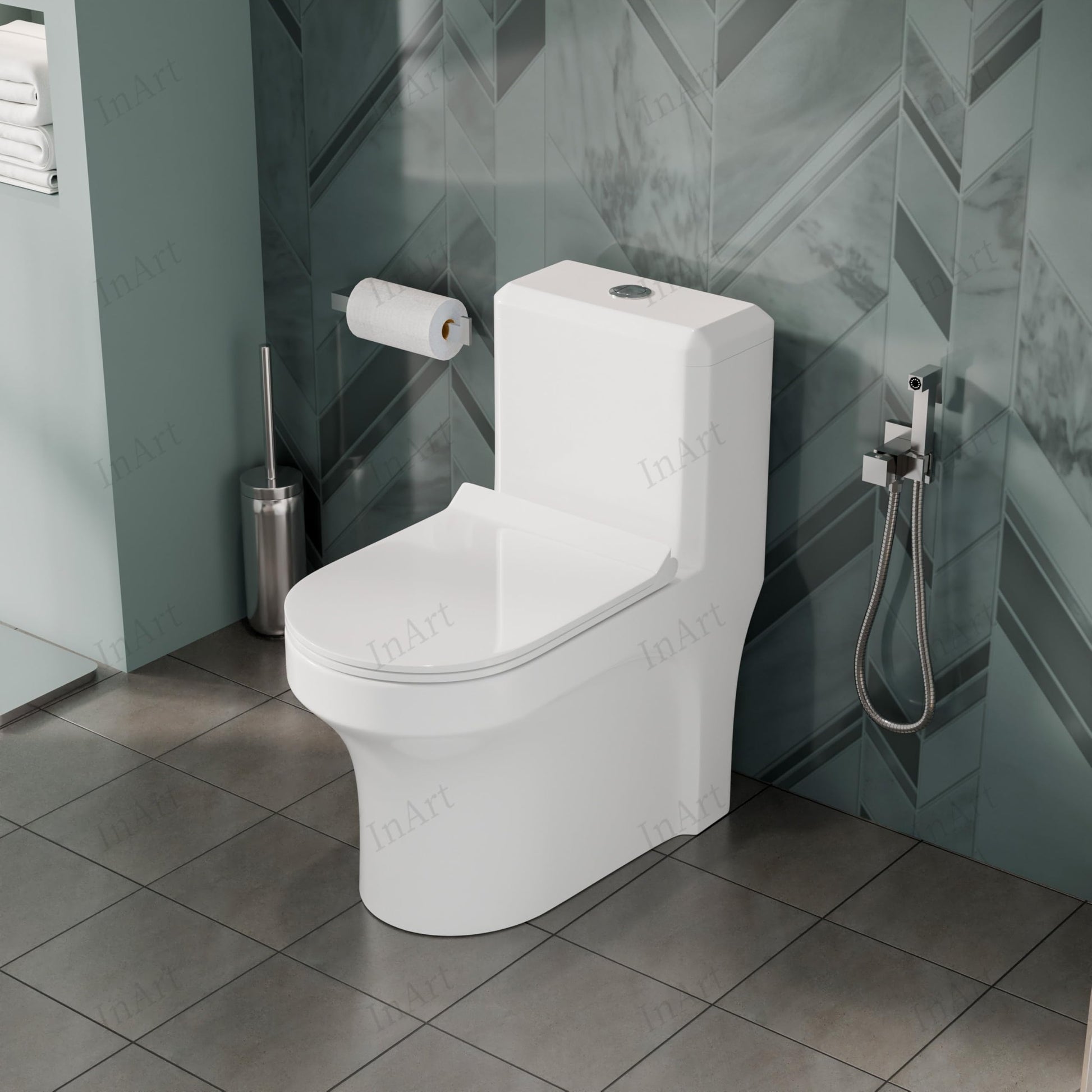 InArt western toilet seat wall mounted, oval glossy white ceramic one piece commode, 3/4 angle view