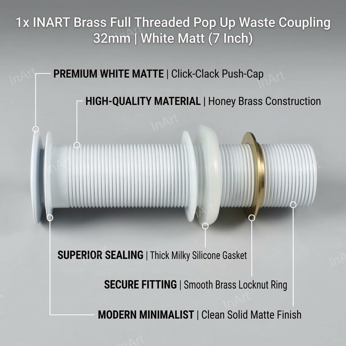 InArt wash basin pop up waste coupling in brass with white matte finish, press top drain stopper