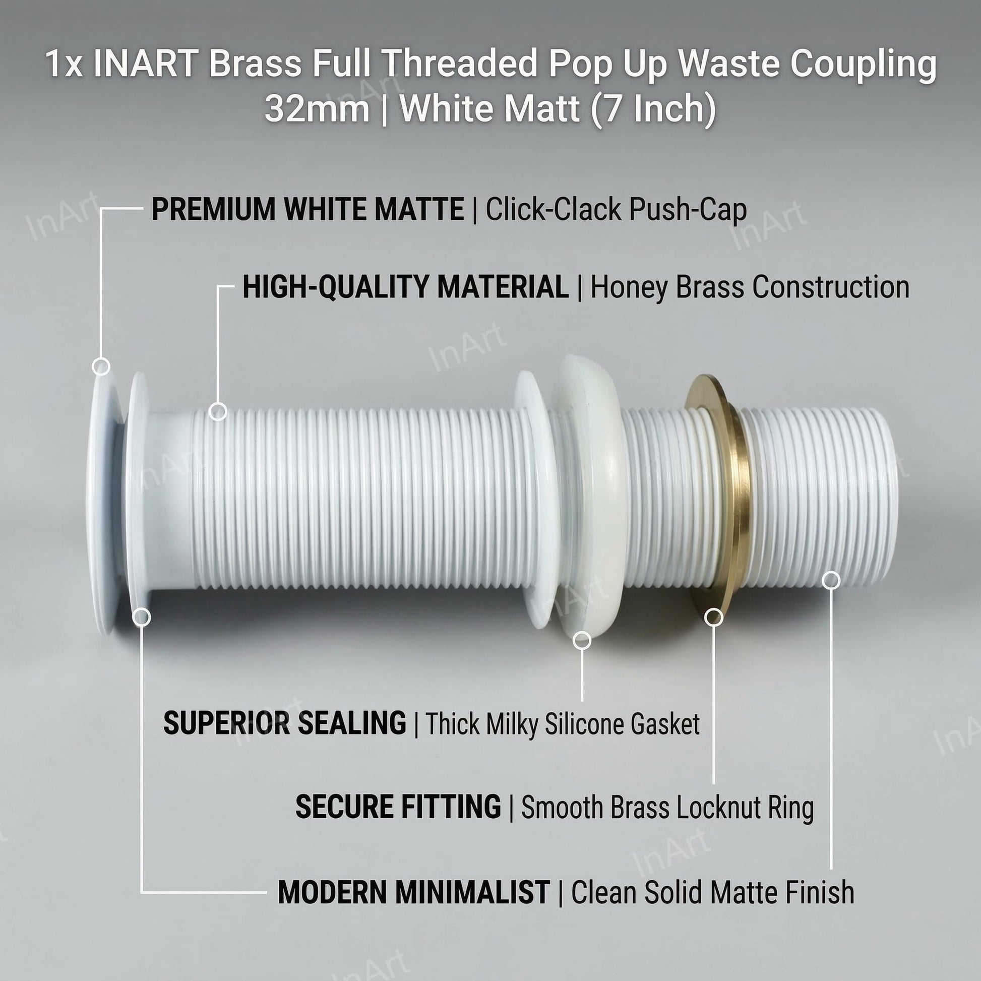 Pop up waste coupling for table top basin, white matte brass drain plug stopper, angled view