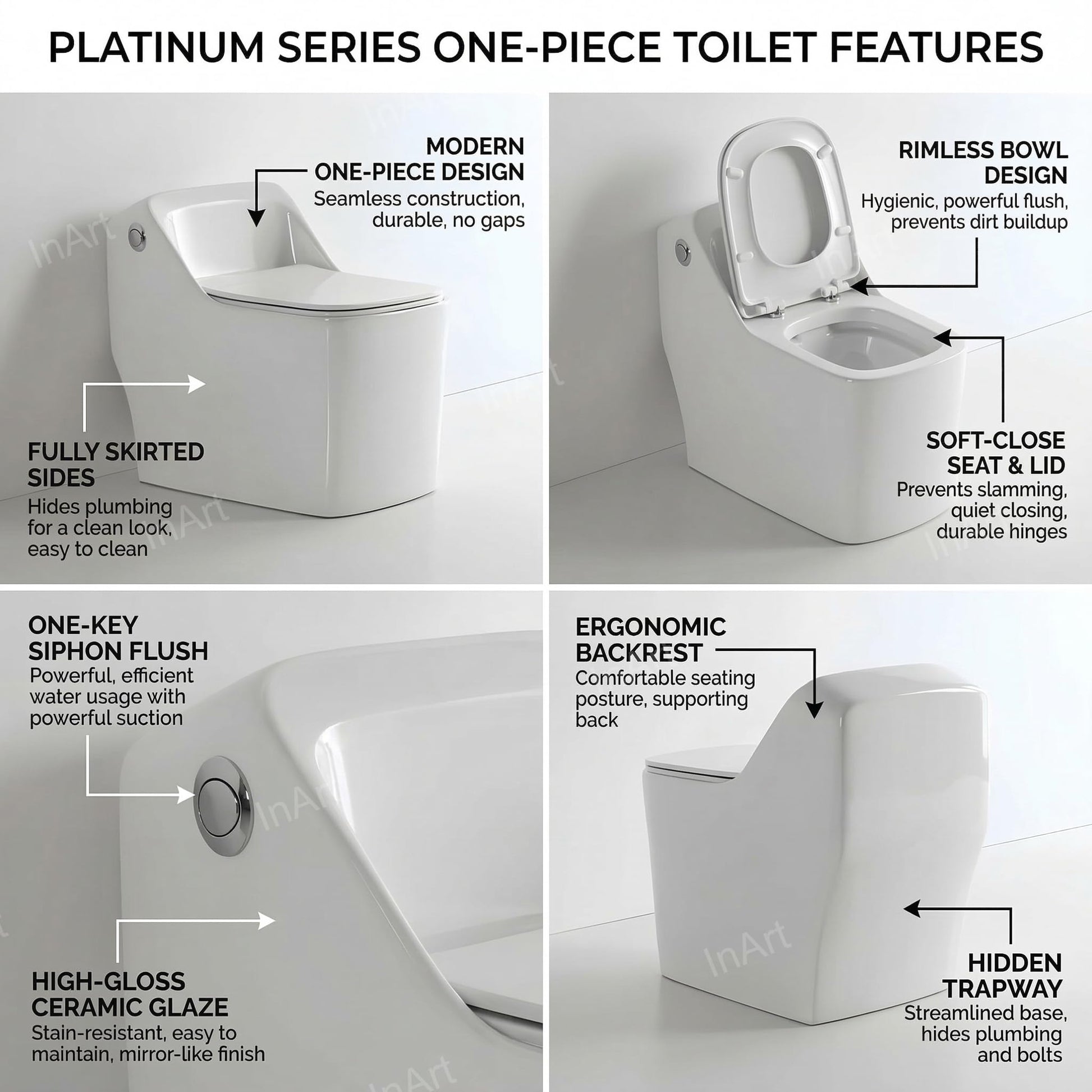 InArt glossy white one piece toilet with soft close seat, side angle showing oval bowl and floor mounted base