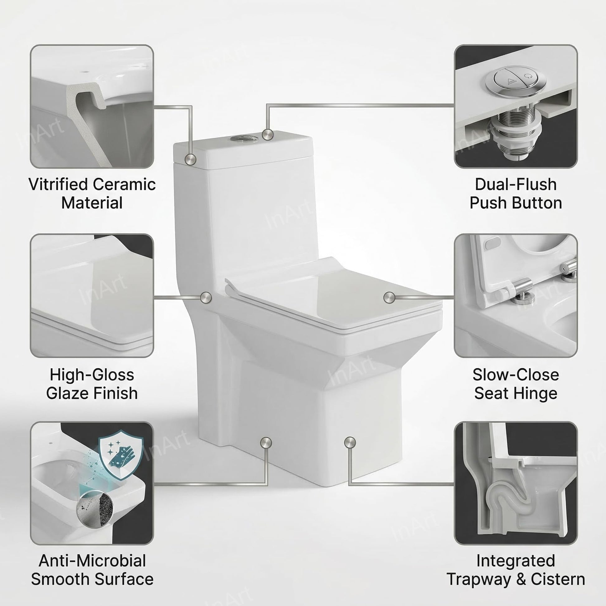 Western toilet single piece design in glossy white ceramic, square floor mounted one-piece commode rear angle view