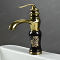 InArt bathroom wash basin mixer taps, side angle highlighting black gold glossy finish and hot and cold mixer