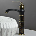 Hot and cold water mixer for wash basin with single lever high neck basin mixer tap, black gold, side view