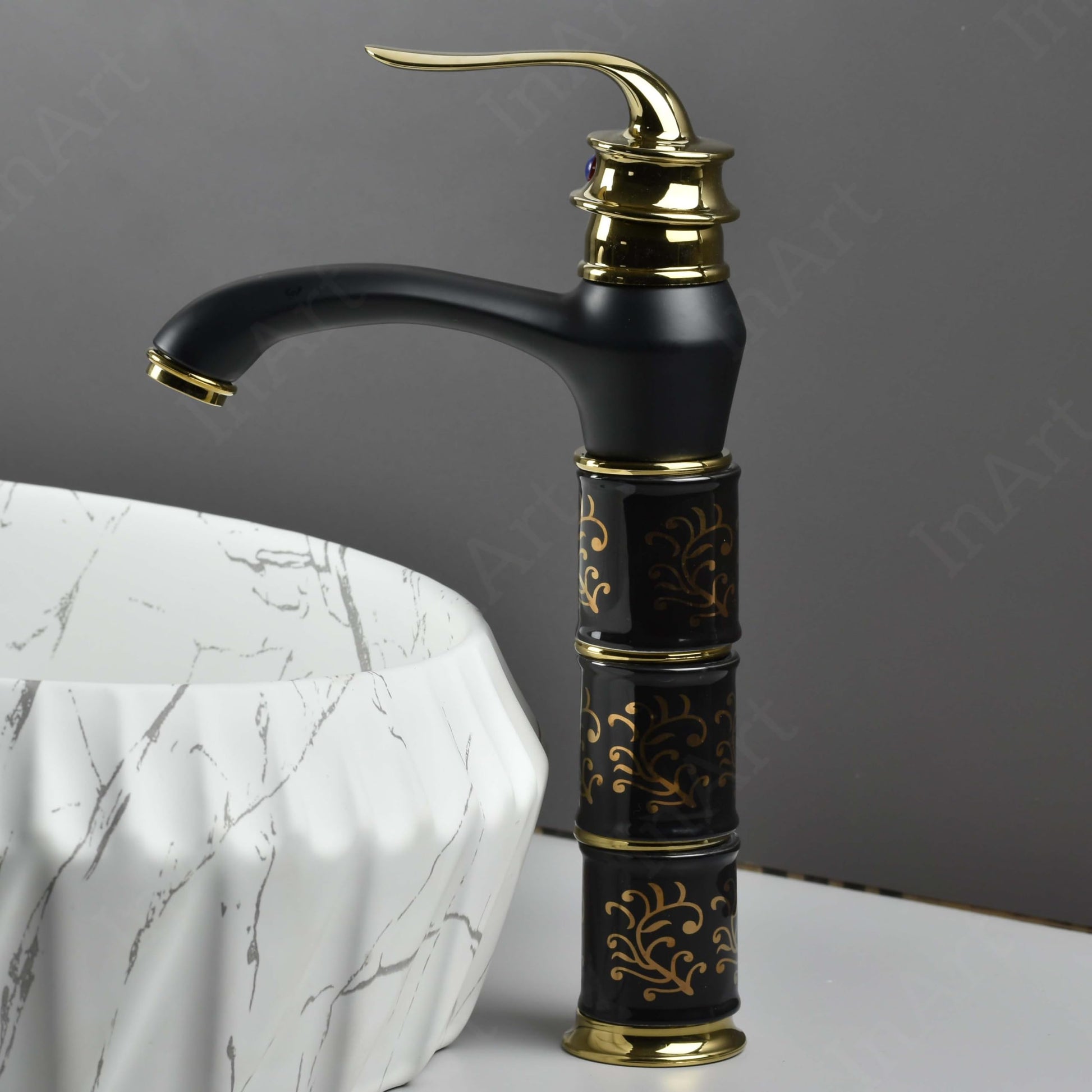 Hot and cold water mixer for wash basin with single lever high neck basin mixer tap, black gold, side view