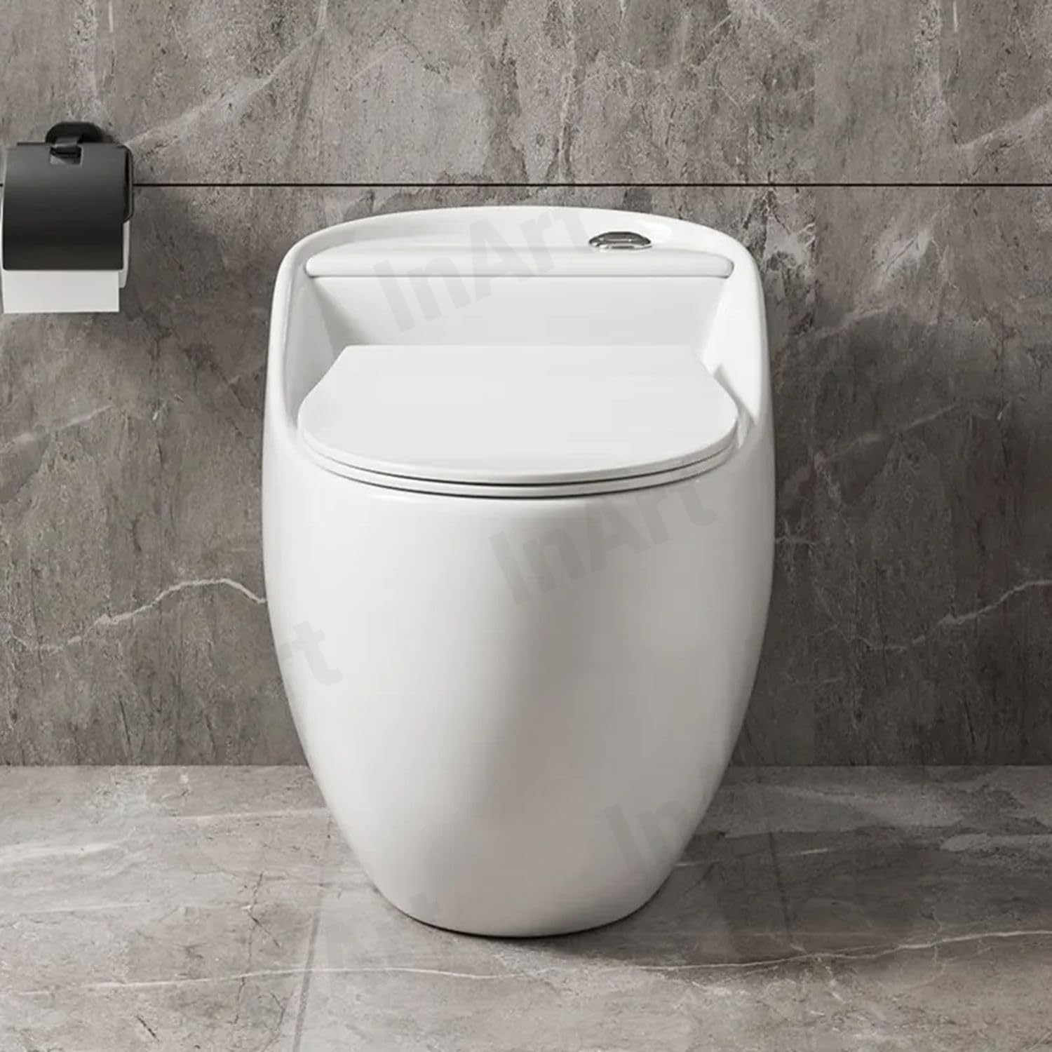 Floor mounted S-trap outlet detail on glossy white ceramic one piece western toilet for Indian bathrooms