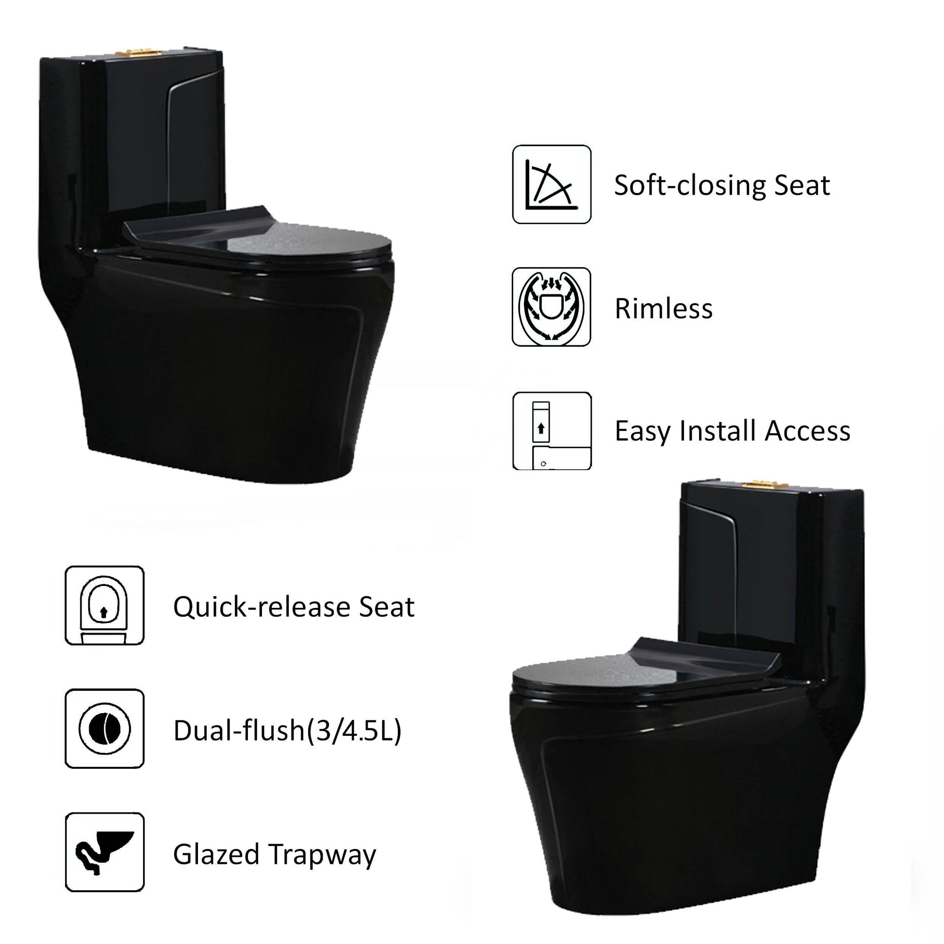 InArt rimless one piece western toilet commode in bathroom interior, oval black glossy ceramic