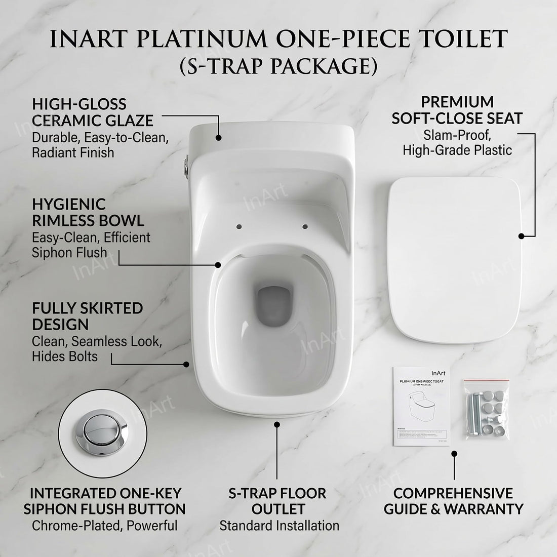 InArt ceramic parryware rimless closet in glossy white, oval one-piece western toilet with soft close seat