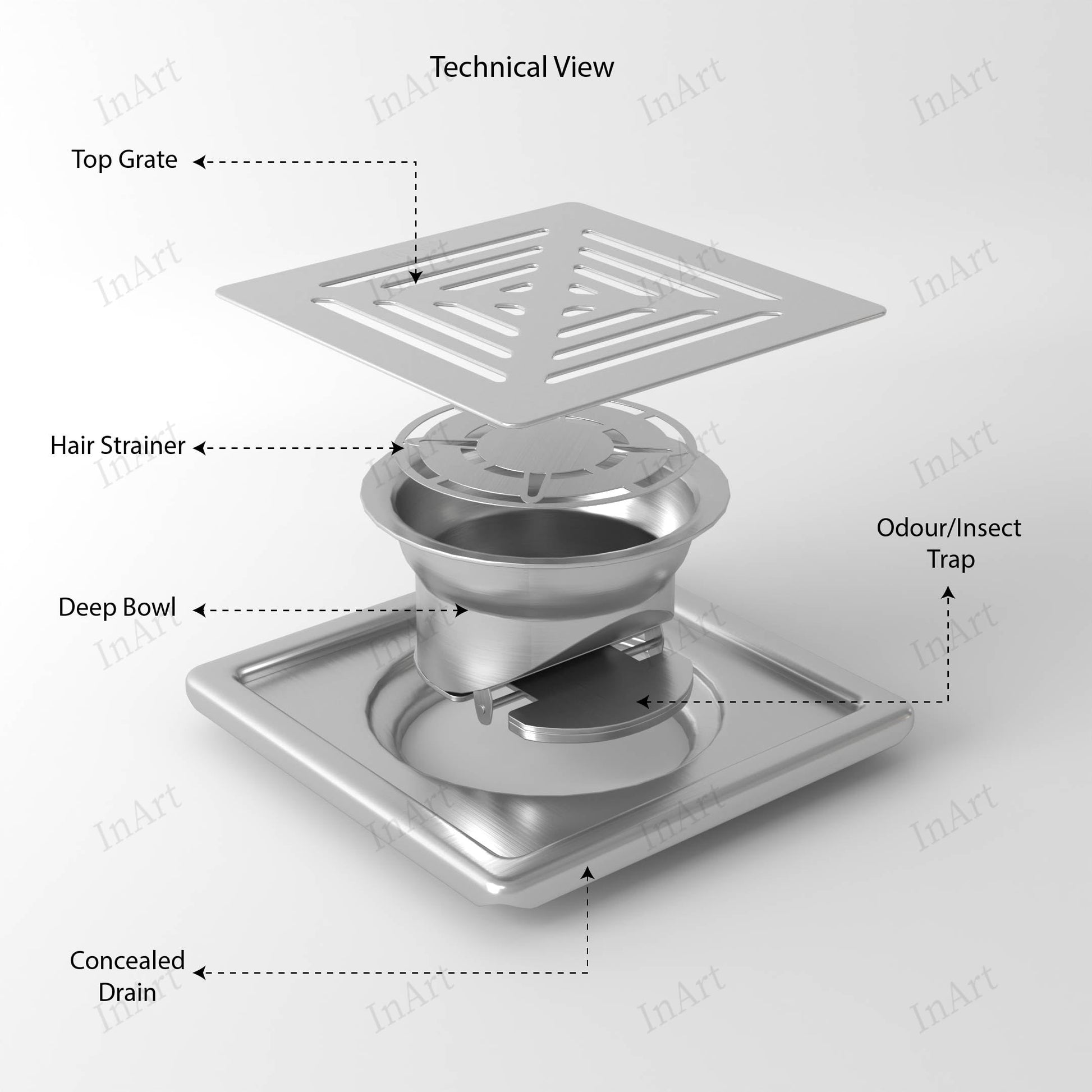 Modern bathroom floor drain jali design in 304 grade stainless steel, 5x5 inch square, side angle