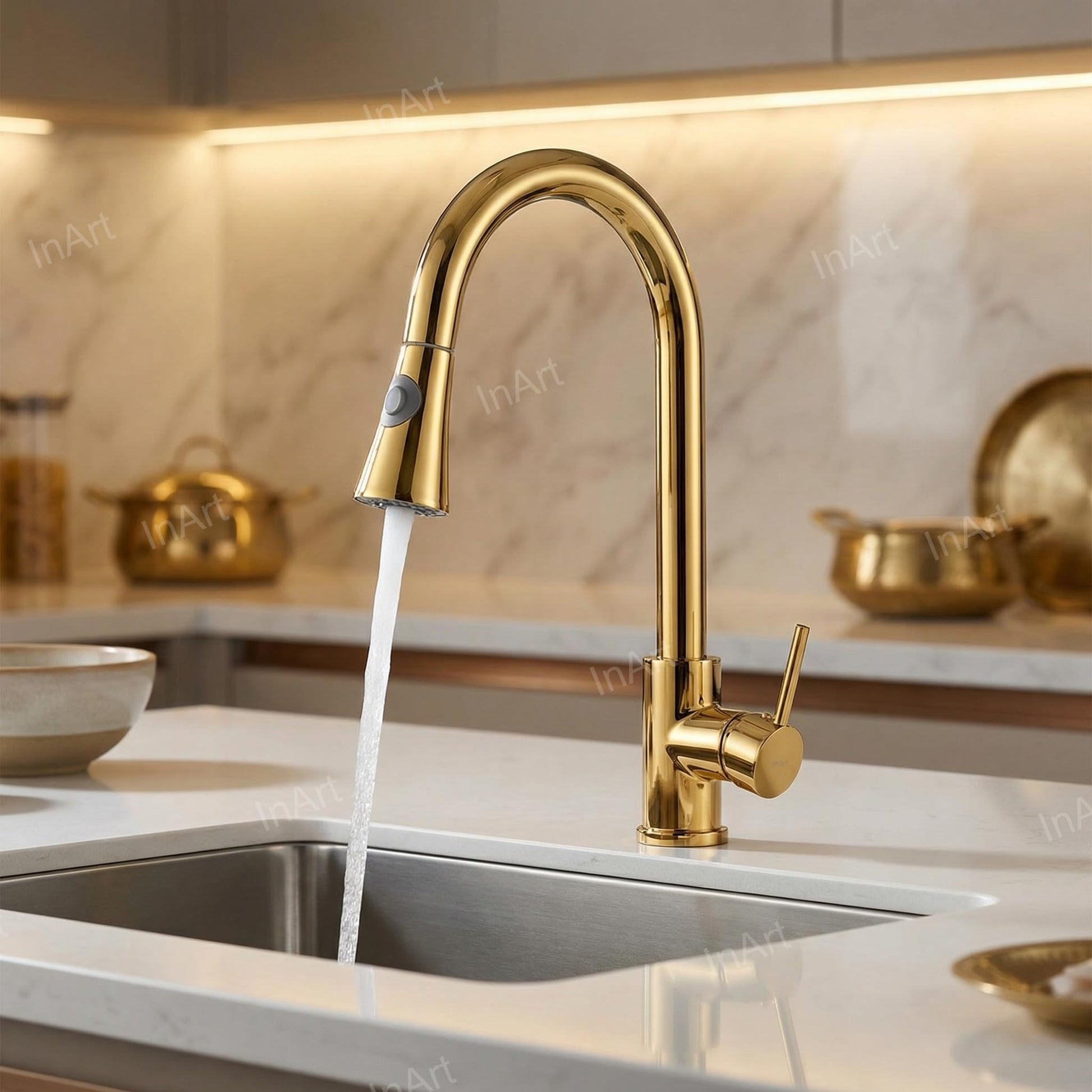 Pull out spray kitchen tap with single lever control, close-up of gold brass handle and body