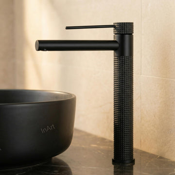 InArt single lever basin mixer tap matte black, brass deck mount, 12 inch tall tap for wash basin