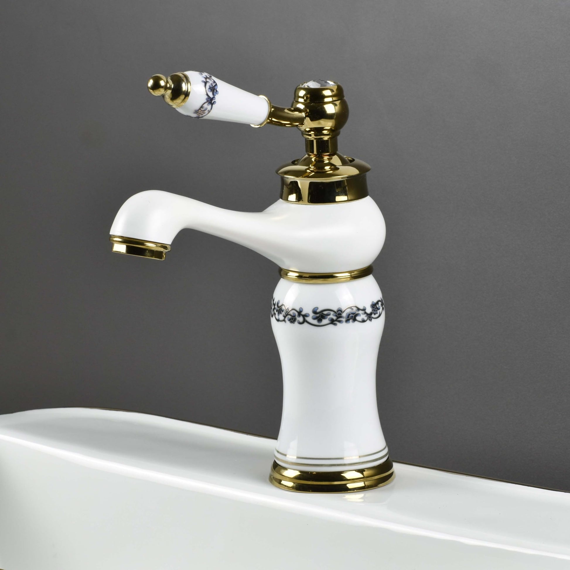 Wash basin mixer tap InArt zinc alloy waterfall spout in white gold glossy finish, deck mount main view