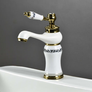 Wash basin mixer tap InArt zinc alloy waterfall spout in white gold glossy finish, deck mount main view