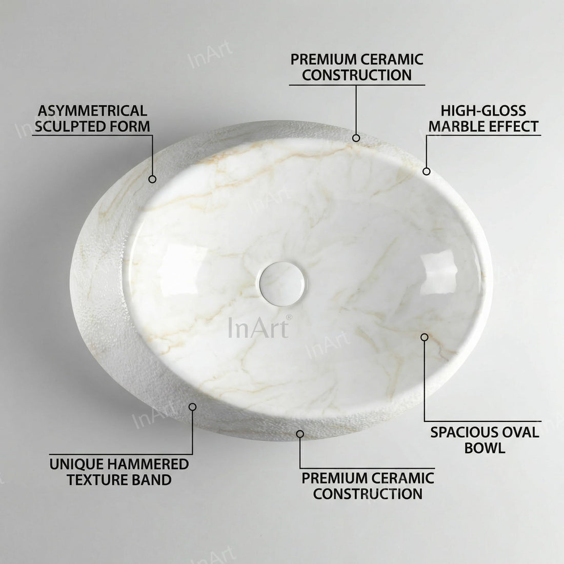 InArt cera table top wash basin, ceramic oval marble finish glossy countertop basin front view