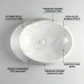 InArt ceramic table top wash basin in marble finish, oval designer basin angled side view for modern bathroom