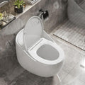Close-up of soft close seat and dual flush buttons on InArt glossy white one piece ceramic western toilet