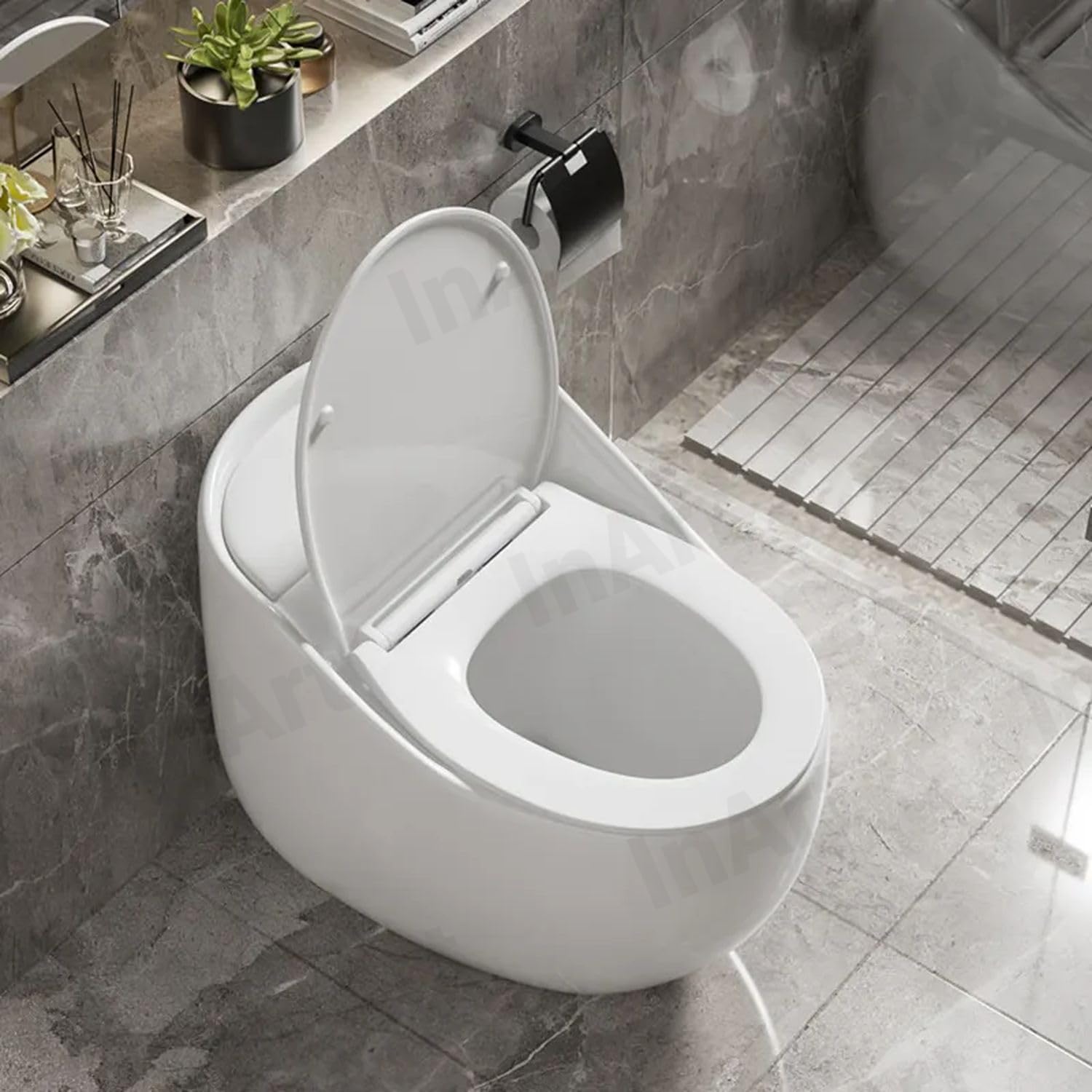 Close-up of soft close seat and dual flush buttons on InArt glossy white one piece ceramic western toilet